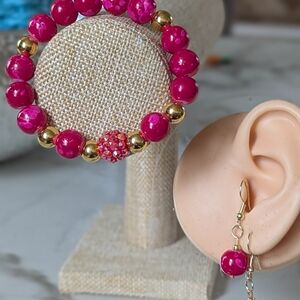 Pink and Gold Beaded Bracelet and Earring Set
